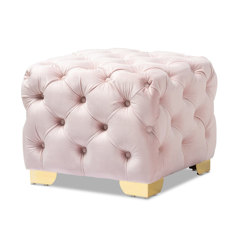 Baxton Studio Baxton Studio Glam Velvet Ottoman - Luxurious Button Tufted Footstool with Gold Legs for Modern Decor Pink TSFOT029-Light Pink/Gold-Otto