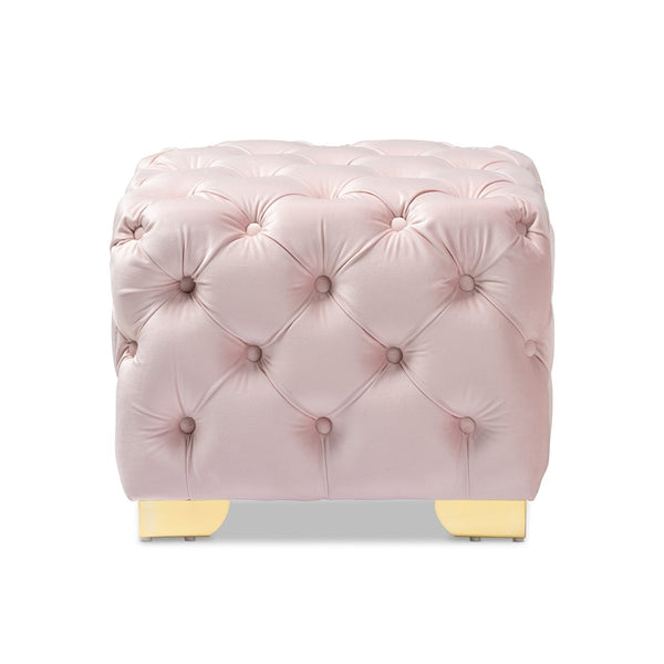 Baxton Studio Baxton Studio Glam Velvet Ottoman - Luxurious Button Tufted Footstool with Gold Legs for Modern Decor Pink TSFOT029-Light Pink/Gold-Otto