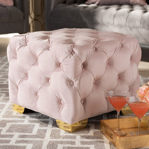 Baxton Studio Baxton Studio Glam Velvet Ottoman - Luxurious Button Tufted Footstool with Gold Legs for Modern Decor Pink TSFOT029-Light Pink/Gold-Otto