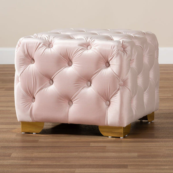 Baxton Studio Baxton Studio Glam Velvet Ottoman - Luxurious Button Tufted Footstool with Gold Legs for Modern Decor Pink TSFOT029-Light Pink/Gold-Otto