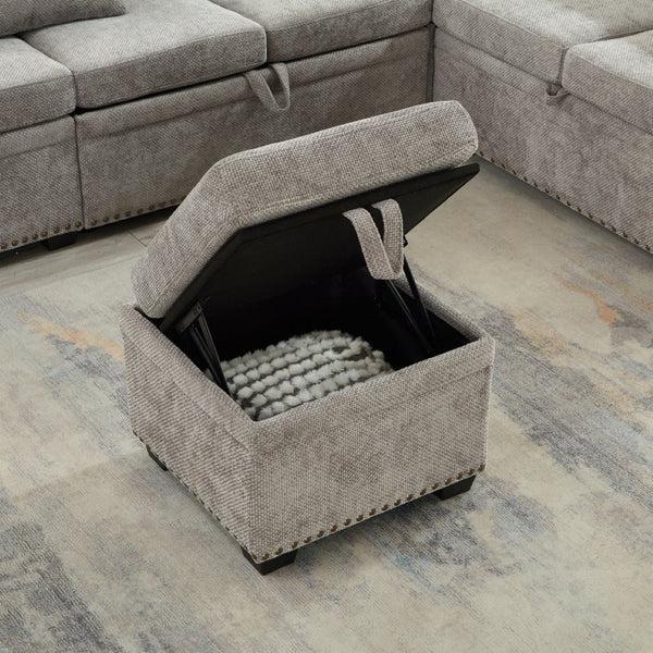 English Elm 97 Inch L-shaped Chenille Sectional Sofa with Sleeper Storage Ottoman 7 Seats Grey W1669S00018