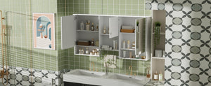 English Elm 55 Inch Wall Mount Medicine Cabinet Dual Mirrored Doors Soft Close Bathroom Vanity Storage N710P401336K