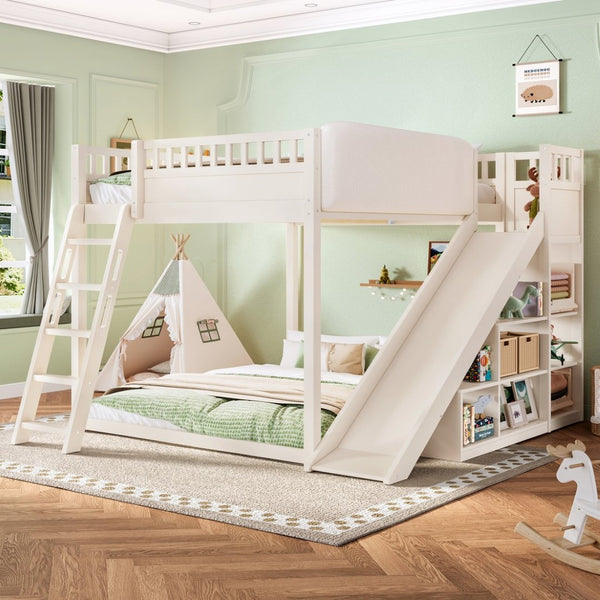 English Elm Queen Loft Bed with Upholstered Headboard Built-in Slide and Open Storage Shelves Beige W1580S00640
