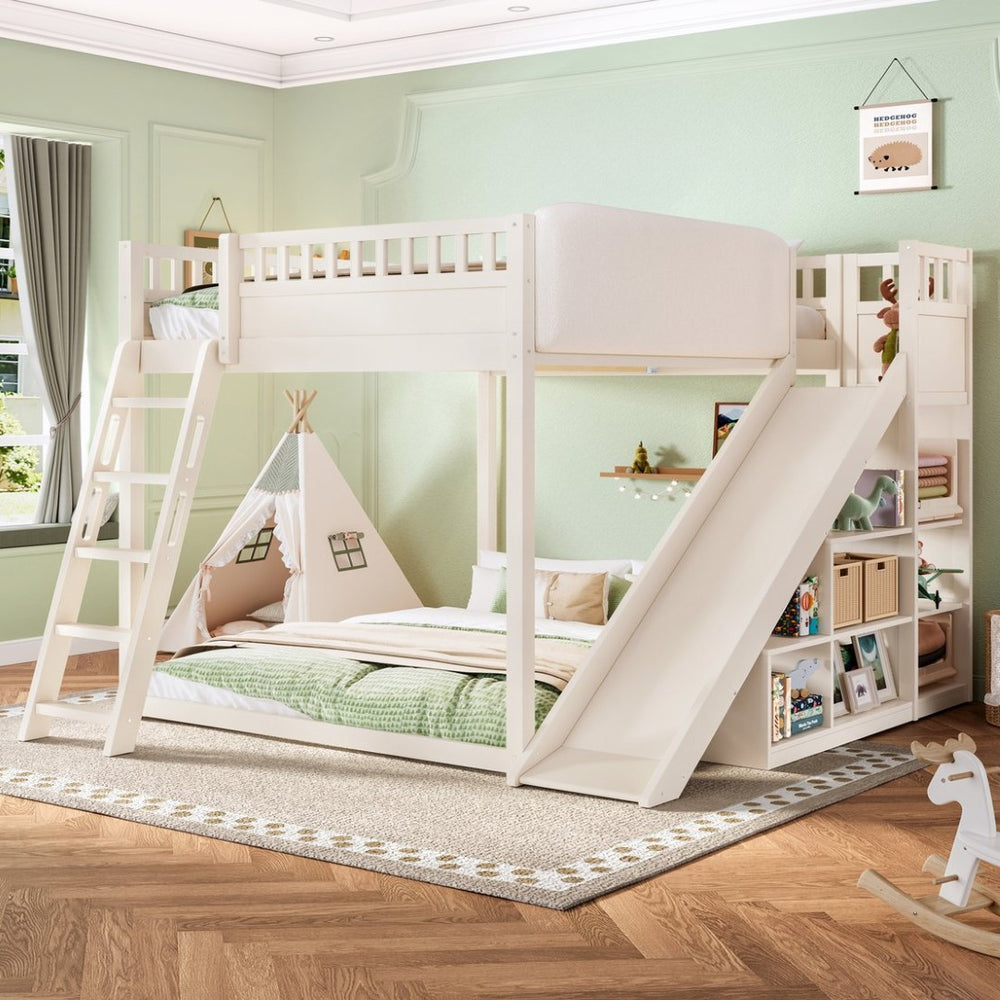English Elm Queen Loft Bed with Upholstered Headboard Built-in Slide and Open Storage Shelves Beige W1580S00307