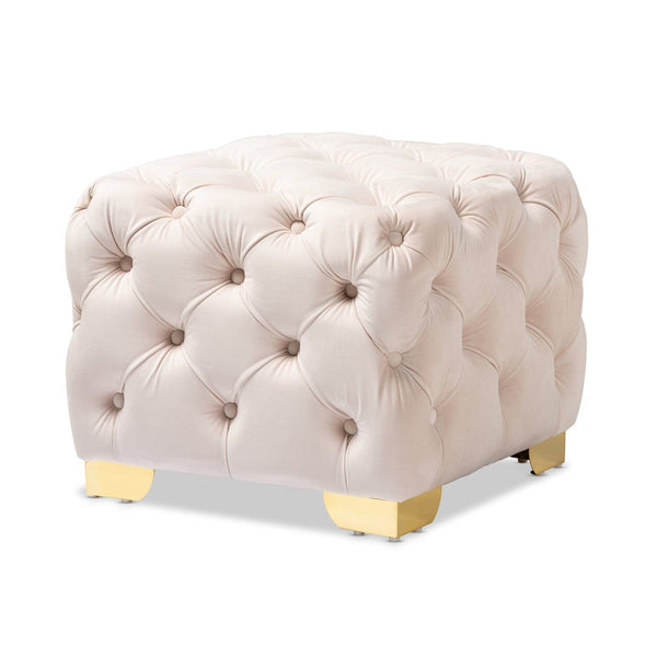 Baxton Studio Baxton Studio Glam Velvet Ottoman - Luxurious Button Tufted Footstool with Gold Legs for Modern Decor Beige TSFOT029-Light Beige/Gold-Otto
