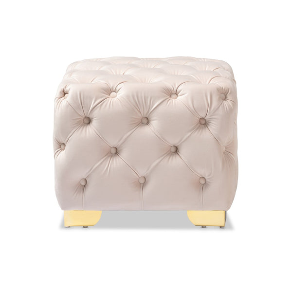 Baxton Studio Baxton Studio Glam Velvet Ottoman - Luxurious Button Tufted Footstool with Gold Legs for Modern Decor Beige TSFOT029-Light Beige/Gold-Otto
