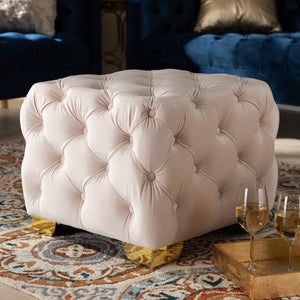 Baxton Studio Baxton Studio Glam Velvet Ottoman - Luxurious Button Tufted Footstool with Gold Legs for Modern Decor Beige TSFOT029-Light Beige/Gold-Otto