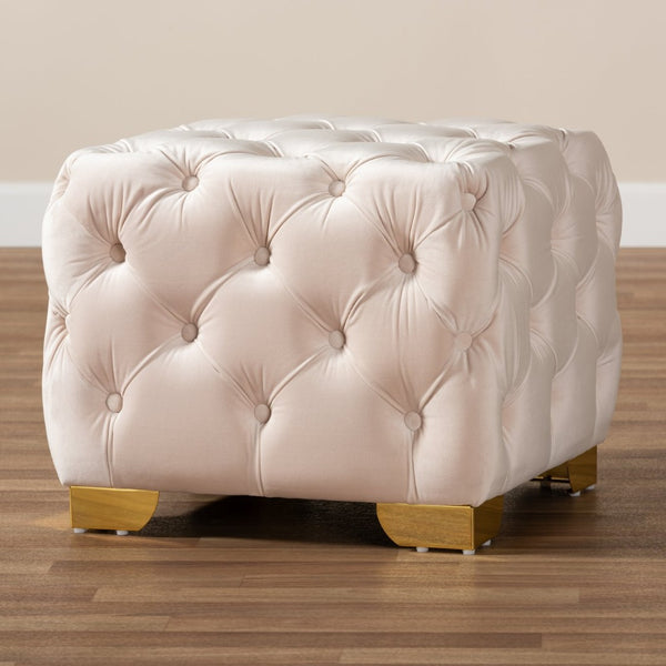 Baxton Studio Baxton Studio Glam Velvet Ottoman - Luxurious Button Tufted Footstool with Gold Legs for Modern Decor Beige TSFOT029-Light Beige/Gold-Otto