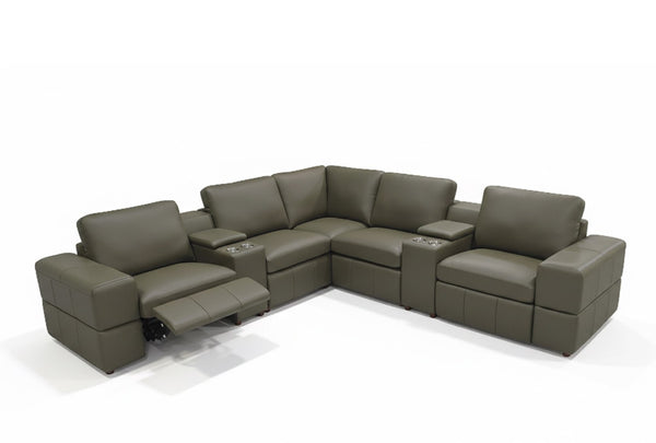 English Elm Premium Leather Match Sectional with Dual Recliners Cup Holders and Storage Console Olive Green B2748S00159