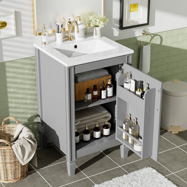 English Elm 20" Gray Bathroom Vanity with Ceramic Sink, Soft-Close Door, U-Shaped Adjustable Shelf & Door Storage Rack for Small Spaces N729P299364E