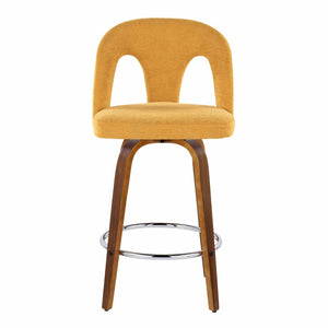 English Elm Fixed-height Swivel Counterstools Walnut Bentwood Legs Yellow Upholstery Chrome Footrest Pair B202S01797
