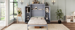 English Elm Queen Murphy Wall Bed Walnut Wooden Frame Dual Wardrobes Foldable Guest Room Storage N733S235627E