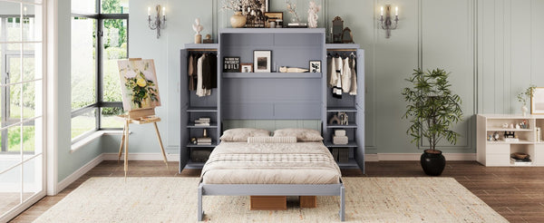 English Elm Queen Murphy Wall Bed Walnut Wooden Frame Dual Wardrobes Foldable Guest Room Storage N733S235627E