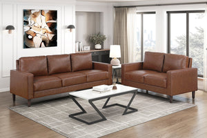 English Elm Modern Malcolm 3-Seater Faux Leather Sofa with Track Arms and Welt Trim, Solid Wood Frame, Comfortable Seating Chocolate 68 L x 26 W x 18 H B011P395010