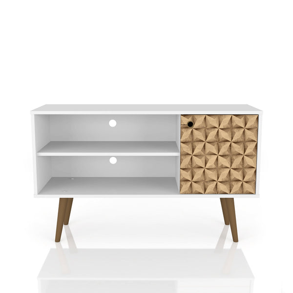 English Elm Liberty 43" TV Stand with Splayed Solid Wood Legs, Wire Management, Open Shelves & Concealed Storage Natural+White B365P398336