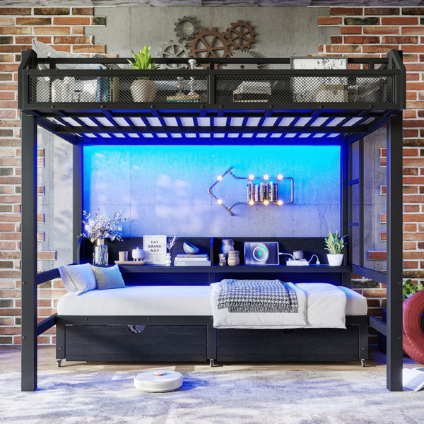 English Elm Twin Over Metal Bunk Bed with Led Lights Usb Ports Drawers and Sofa Conversion W5305S00002