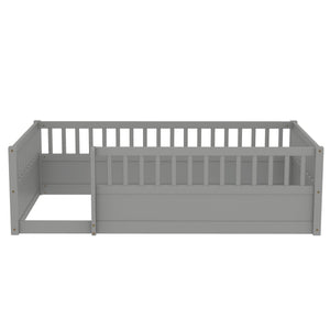 English Elm Twin Montessori Floor Bed Frame for Kids – Pine Playroom Bed with Fence for Reading & Imaginative Play Gray W1580P307881