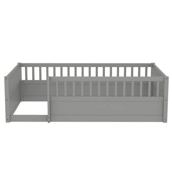 English Elm Twin Montessori Floor Bed Frame for Kids – Pine Playroom Bed with Fence for Reading & Imaginative Play Gray W1580P307881