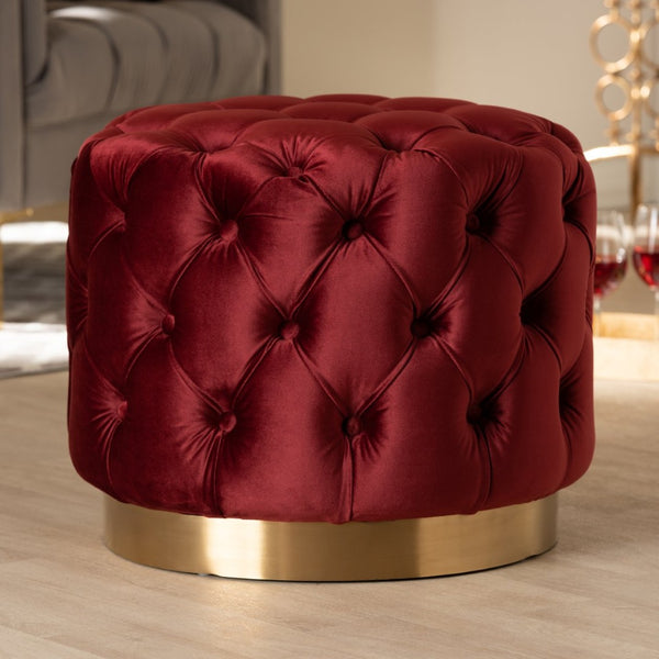 Baxton Studio Baxton Studio Valeria Glamorous Burgundy Velvet Ottoman with Gold Base & Button Tufting Style TSFOT030-Burgundy/Gold-Otto