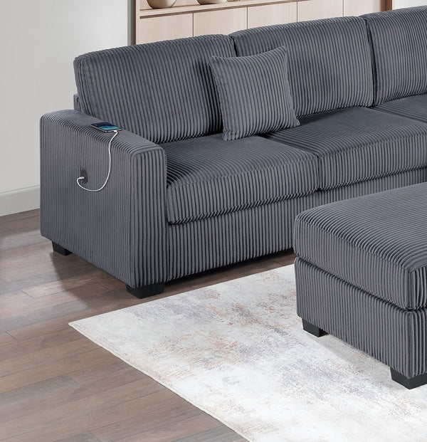 English Elm Living L-Shaped Sectional Sofa Set with Reversible Chaise, Tufted Burlap Fabric, Storage Ottoman, USB Port Dark Gray 34 L x 26 W x 46 H B011S01779