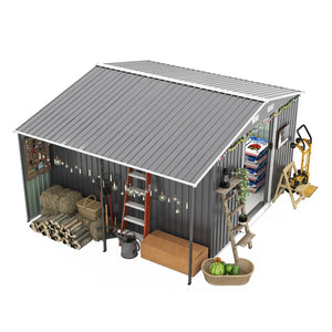 English Elm 10x12 Ft Galvanized Steel Outdoor Shed Dual Zone Lockable Sliding Doors Backyard Storage Dark Gray W1598S00034