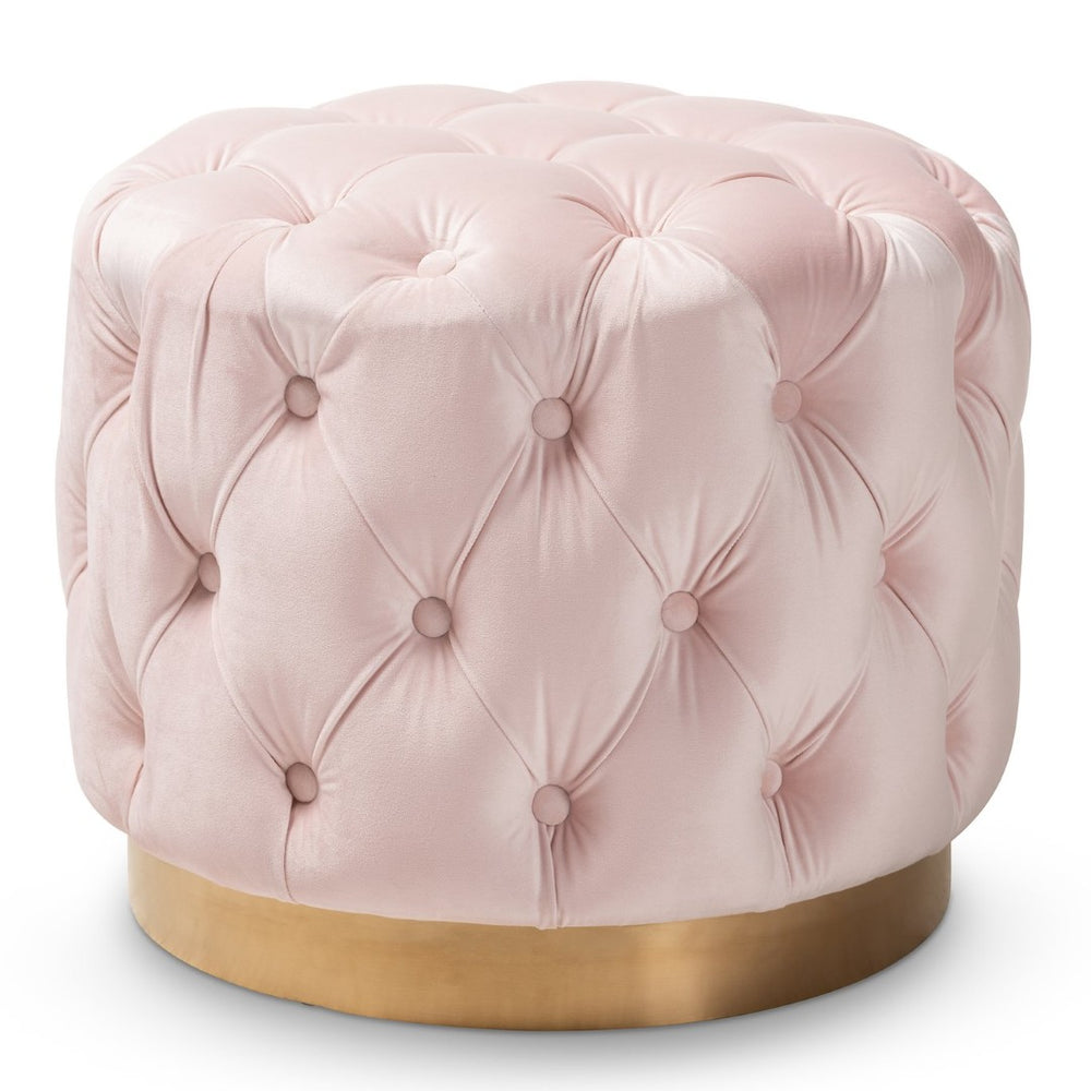 Baxton Studio Baxton Studio Valeria Glam Velvet Upholstered Ottoman with Gold Tufting for Modern Living Spaces Pink TSFOT030-Light Pink/Gold-Otto