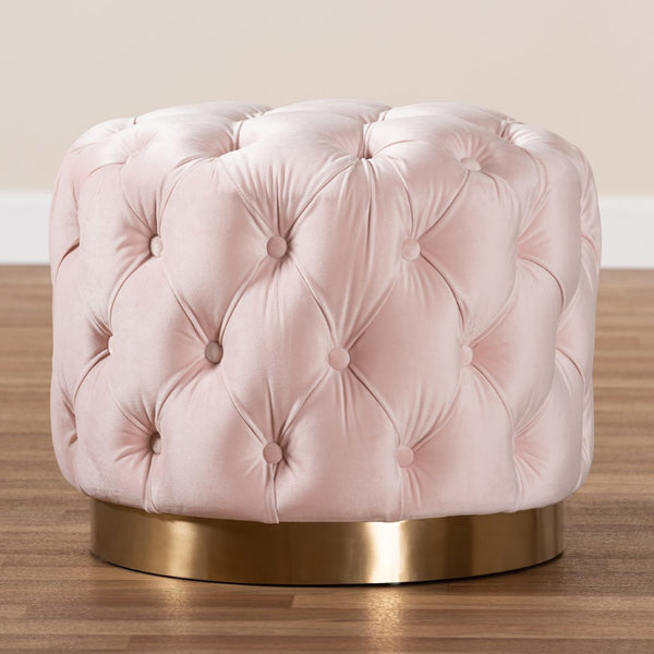 Baxton Studio Baxton Studio Valeria Glam Velvet Upholstered Ottoman with Gold Tufting for Modern Living Spaces Pink TSFOT030-Light Pink/Gold-Otto