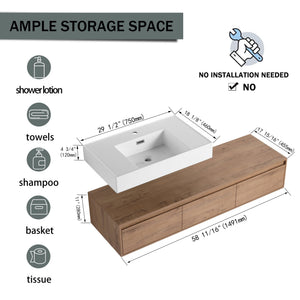 English Elm 60-Inch Wall-Mounted Bathroom Vanity With Stylish Resin Sink, Soft-Close Drawers & Modern Design W999S00355