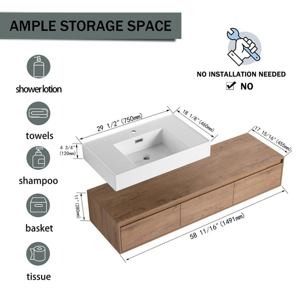 English Elm 60-Inch Wall-Mounted Bathroom Vanity With Stylish Resin Sink, Soft-Close Drawers & Modern Design W999S00355
