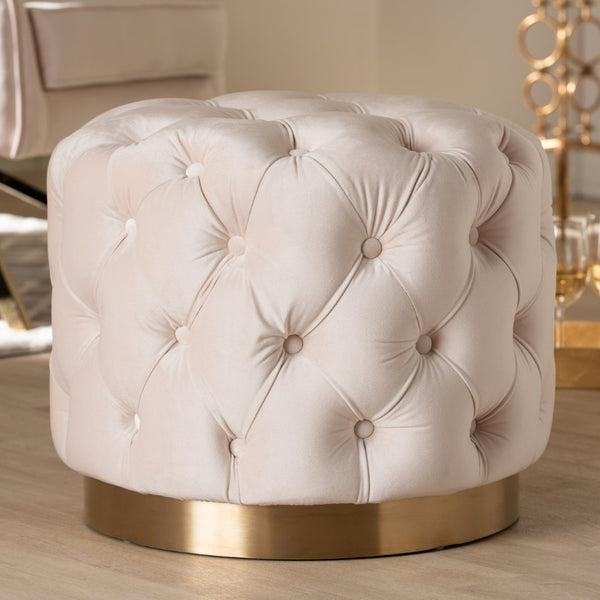 Baxton Studio Baxton Studio Valeria Glam Velvet Upholstered Ottoman with Gold Tufting for Modern Living Spaces Beige TSFOT030-Light Beige/Gold-Otto