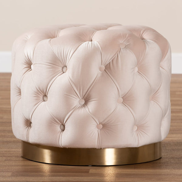 Baxton Studio Baxton Studio Valeria Glam Velvet Upholstered Ottoman with Gold Tufting for Modern Living Spaces Beige TSFOT030-Light Beige/Gold-Otto