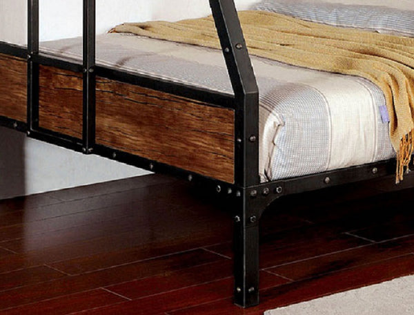 English Elm Twin Industrial Metal Bunk Bed with Wood Panels and Built-In Ladder, Guarded Top, Versatile Layouts Black 76 L x 58 W x 5 H B2741P353070