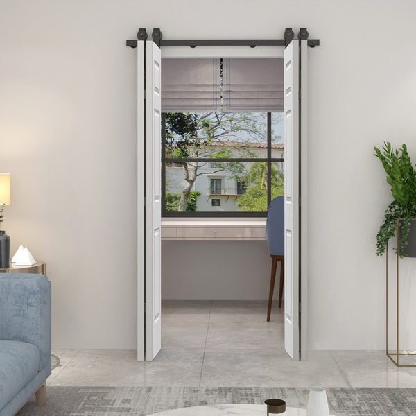 English Elm 24 in Primed Mdf Bi-fold Barn Door with Raised 6-panel Profile and Sliding Hardware White B2763P491007