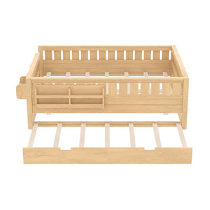 English Elm Twin Kids Platform Bed with Trundle Staircase Bookshelf and Rounded Safety Rails Light Natural W1580S00560