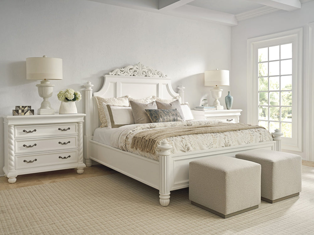 Lexington Barclay Butera Santorini Panel Bed - Elegant King Size Design With Removable Crown, Fluted Posts & Bun Feet Polo Mallet White  937-134c