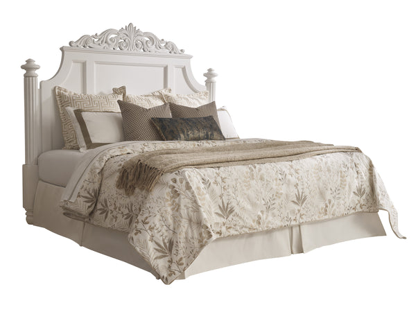 Lexington Barclay Butera Santorini Headboard: Elegant Crown With Pierced Carving, Fluted Posts & Bun Feet For King Beds Polo Mallet White  937-134hb