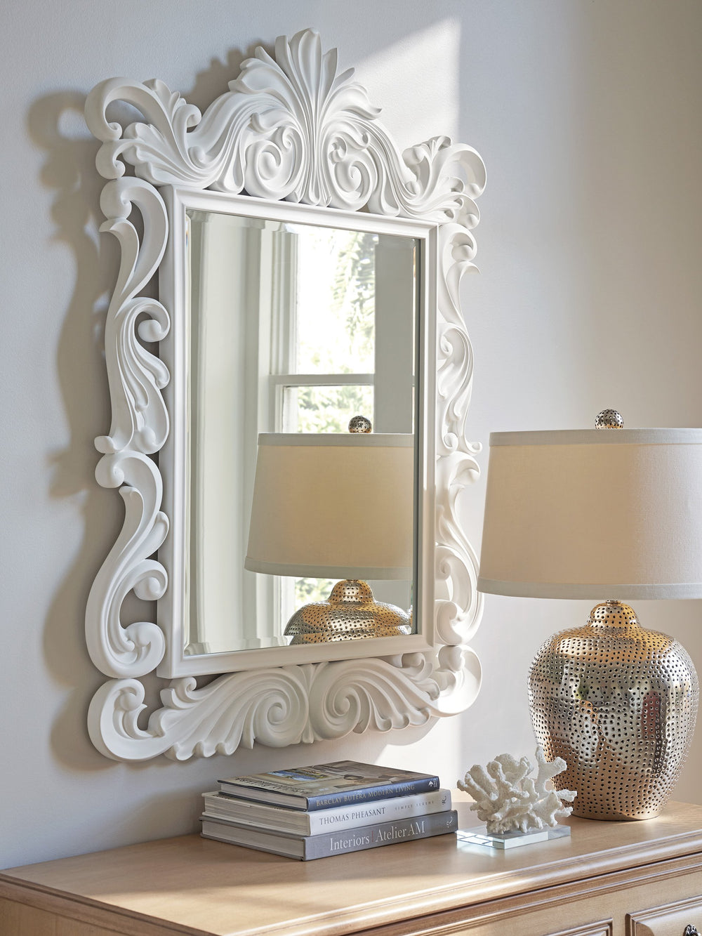 Lexington Barclay Butera Aries Decorative Mirror With Elegant Pierced Carving And Beveled Edge For Stunning Home Decor Polo Mallet White  937-204