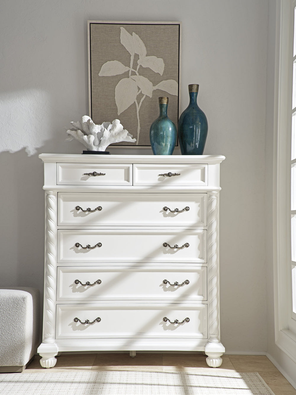 Lexington Barclay Butera Palma Drawer Chest - Stylish Six-drawer Storage Solution With Elegant Turned Posts And Bun Feet Polo Mallet White  937-307