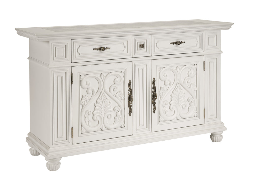 Lexington Barclay Butera Amalfi Buffet - Elegant Carved Overlay Design With Honed Carrera Marble Top And Soft-close Drawers Polo Mallet White  937-852