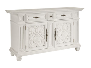 Lexington Barclay Butera Amalfi Buffet - Elegant Carved Overlay Design With Honed Carrera Marble Top And Soft-close Drawers Polo Mallet White  937-852