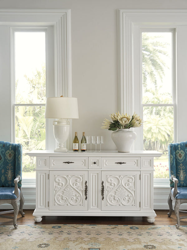 Lexington Barclay Butera Amalfi Buffet - Elegant Carved Overlay Design With Honed Carrera Marble Top And Soft-close Drawers Polo Mallet White  937-852