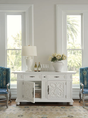 Lexington Barclay Butera Amalfi Buffet - Elegant Carved Overlay Design With Honed Carrera Marble Top And Soft-close Drawers Polo Mallet White  937-852