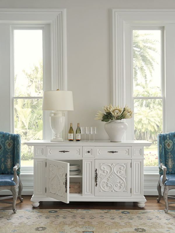 Lexington Barclay Butera Amalfi Buffet - Elegant Carved Overlay Design With Honed Carrera Marble Top And Soft-close Drawers Polo Mallet White  937-852
