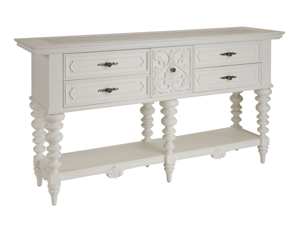 Lexington Barclay Butera Realto Sideboard - Elegant Carved Design With Honed Carrera Marble Top And Self-closing Drawers Polo Mallet White  937-869