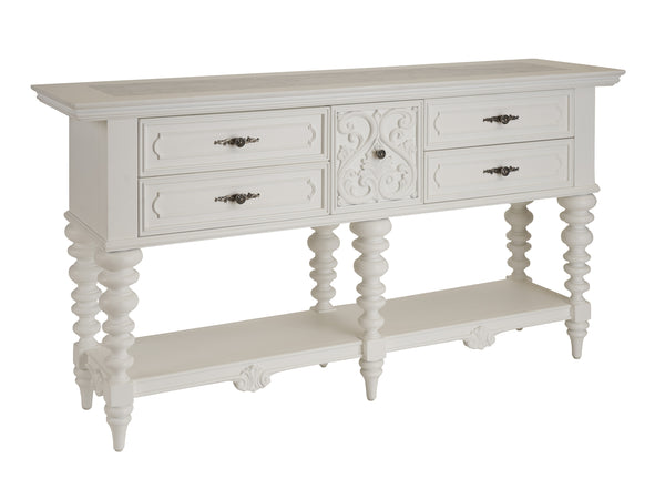 Lexington Barclay Butera Realto Sideboard - Elegant Carved Design With Honed Carrera Marble Top And Self-closing Drawers Polo Mallet White  937-869