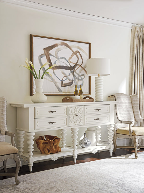 Lexington Barclay Butera Realto Sideboard - Elegant Carved Design With Honed Carrera Marble Top And Self-closing Drawers Polo Mallet White  937-869
