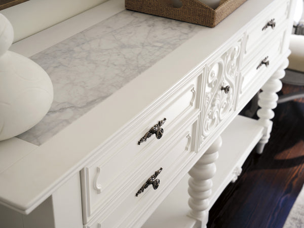 Lexington Barclay Butera Realto Sideboard - Elegant Carved Design With Honed Carrera Marble Top And Self-closing Drawers Polo Mallet White  937-869
