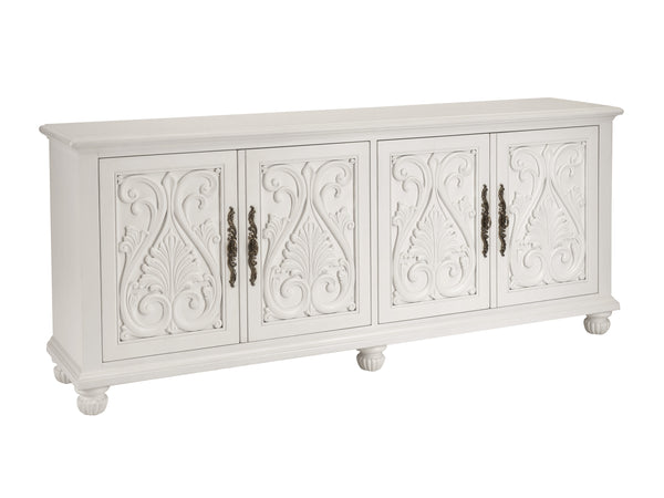 Lexington Barclay Butera Catalonia Media Console With Decorative Overlays, Adjustable Shelves, And Stylish Fluted Feet Polo Mallet White  937-907