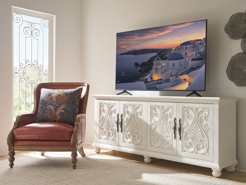 Lexington Barclay Butera Catalonia Media Console With Decorative Overlays, Adjustable Shelves, And Stylish Fluted Feet Polo Mallet White  937-907