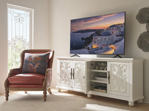 Lexington Barclay Butera Catalonia Media Console With Decorative Overlays, Adjustable Shelves, And Stylish Fluted Feet Polo Mallet White  937-907